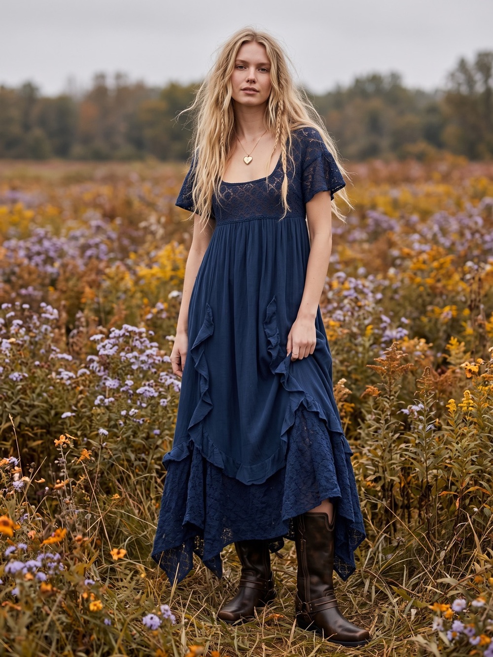 Free People Ethereal Bohemian Bring The Romance Maxi Dress Midnight Blue XS